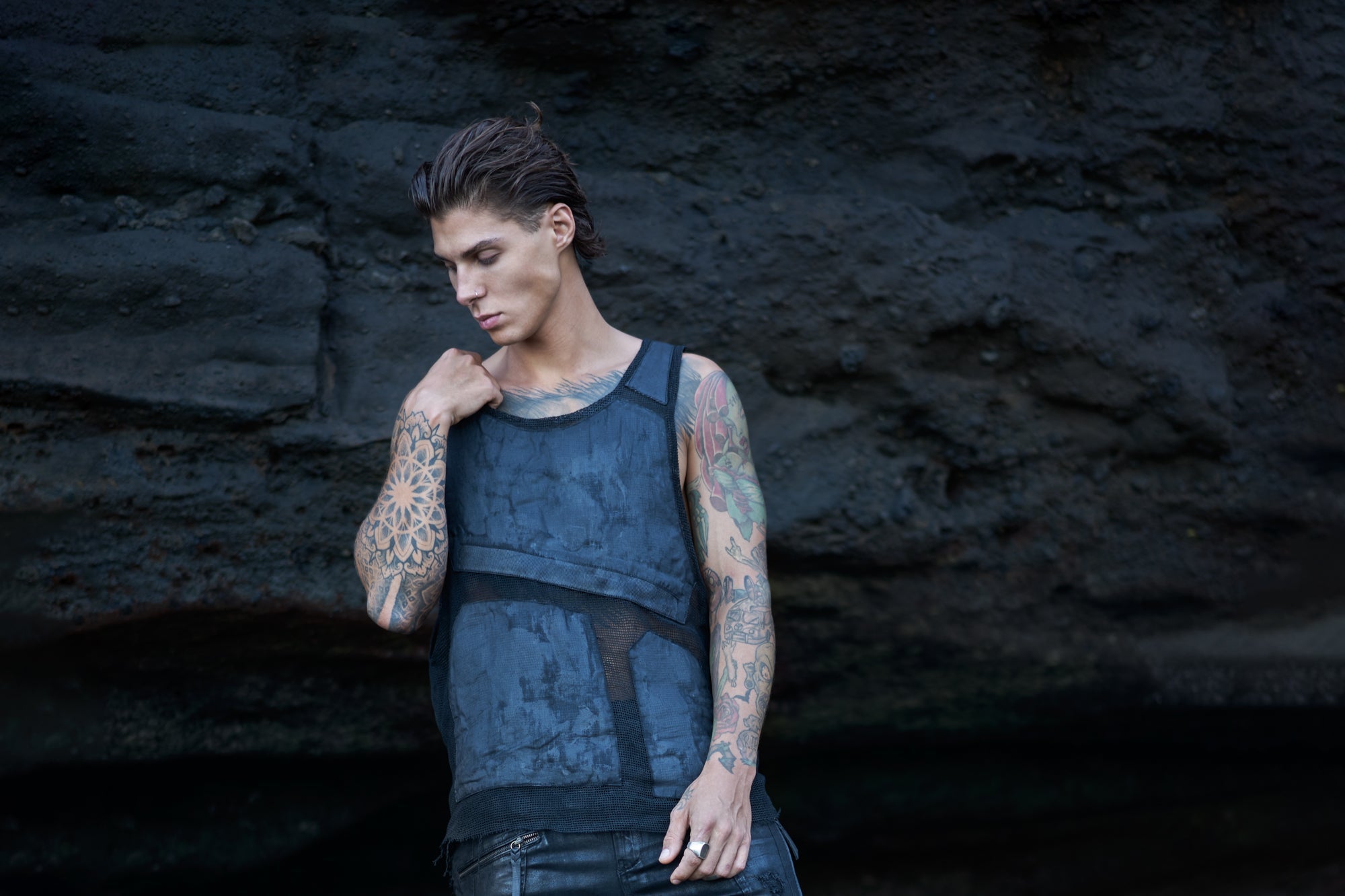 Men's waxed textured mesh tank top deconstructed avant-garde streetwear