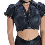 Front view of Syzmic Studio EIDOS-414 Exo-Shoulder Jacket in black leather with sculptural biomorphic avant-garde futuristic design.