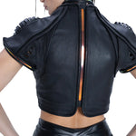 Front view of Syzmic Studio EIDOS-414 Exo-Shoulder Jacket in black leather with sculptural biomorphic avant-garde futuristic design.