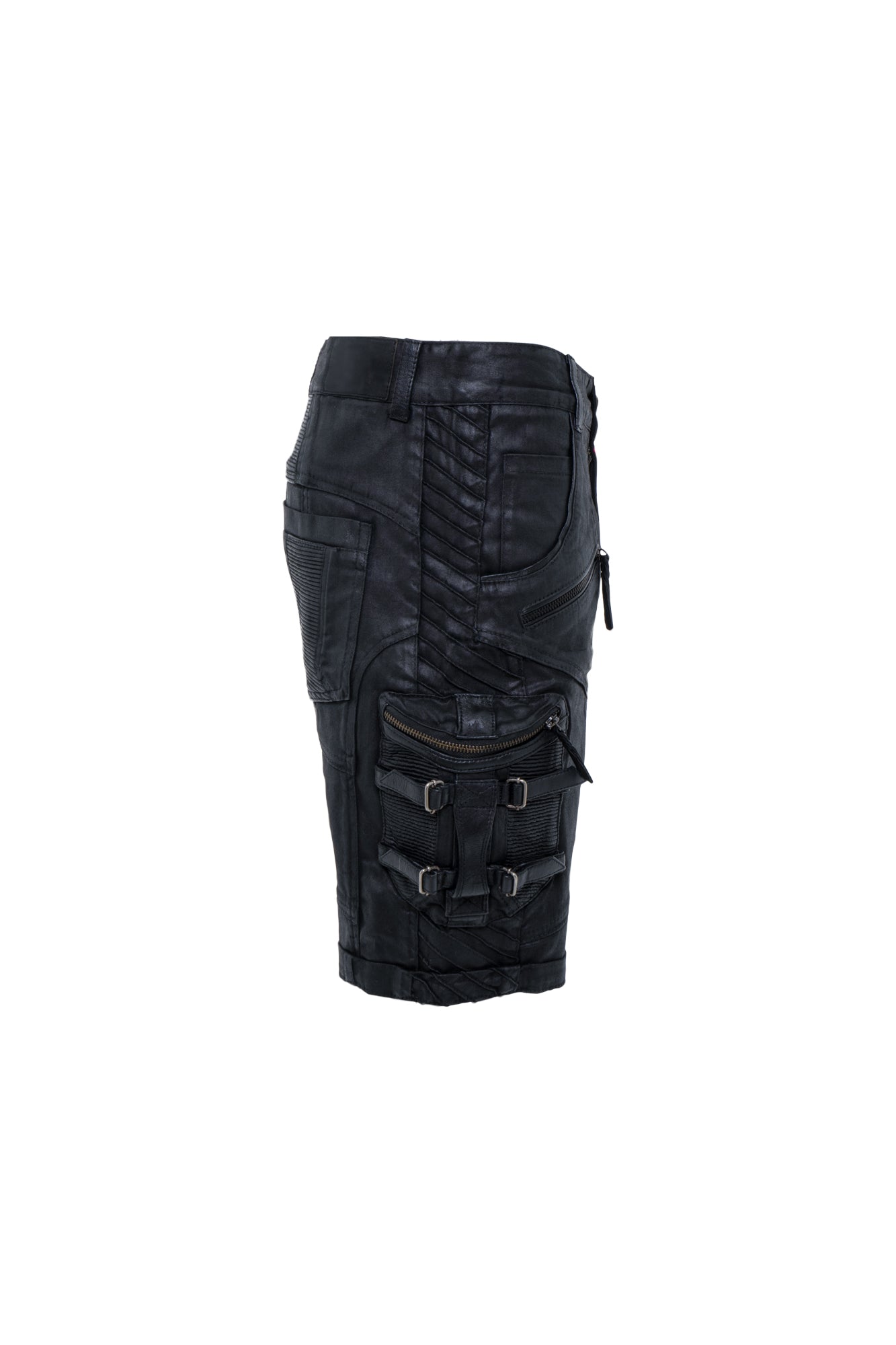 mens waxed textured tactical cargo shorts patch utility pocket leather straps rib