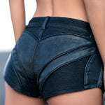 Waxed booty shorts hot pants metallic grunge texture leather rib panels & piping