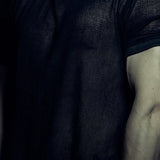 Detail of the short sleeve and textured black cotton mesh on the SYZMIC MESH T-SHIRT 213.