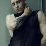 SYZMIC MESH TANK TOP 211 in black, front view showing the sleeveless cut and narrow rib neckline.