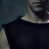 Front neckline detail of the black SYZMIC MESH TANK TOP 212 with rounded piping.