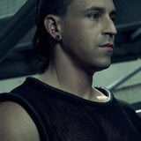 SYZMIC black MESH TANK TOP 212, three-quarter view showing its wide neckline and rounded piping.