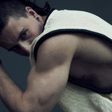 SYZMIC MESH TANK TOP 212 in white/ecru, side view showing black tubular piping at the armhole.