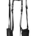 A black leather harness bag with dual pouches and adjustable straps, designed in a holster style.