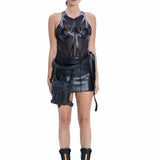 Model wearing Syzmic Studio EIDOS-201 bodysuit with leather EIDOS-101 skirt, EIDOS-401 hip and shoulder bag, styled with EIDOS-701 boots.