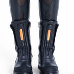 Close-up of Syzmic Studio EIDOS-701 boots in black leather with futuristic detailing, avant-garde cyberpunk techwear footwear.