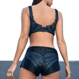 Back view of Syzmic Studio CEPH-202 leather bustier styled with CEPH-301 black avant-garde shorts, futuristic womenswear.