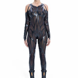 Futuristic EIDOS-202 catsuit by Syzmic Studio in black mesh and vegan leather with biomorphic cutouts.