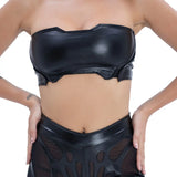 Front view of Syzmic Studio EIDOS-203 crop top in black vegan leather with biomorphic cutouts, avant-garde futuristic fashion.