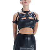 Model wearing Syzmic Studio EIDOS-204 crop top with EIDOS-101 mini skirt in black vegan leather, biomorphic avant-garde fashion.