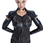 Model wearing Syzmic Studio EIDOS-404 Exo-Jacket layered over EIDOS-202 catsuit, biomorphic avant-garde futuristic womenswear.