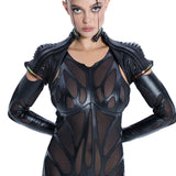 Model wearing Syzmic Studio EIDOS-404 Exo-Jacket layered over EIDOS-202 catsuit, biomorphic avant-garde futuristic womenswear.