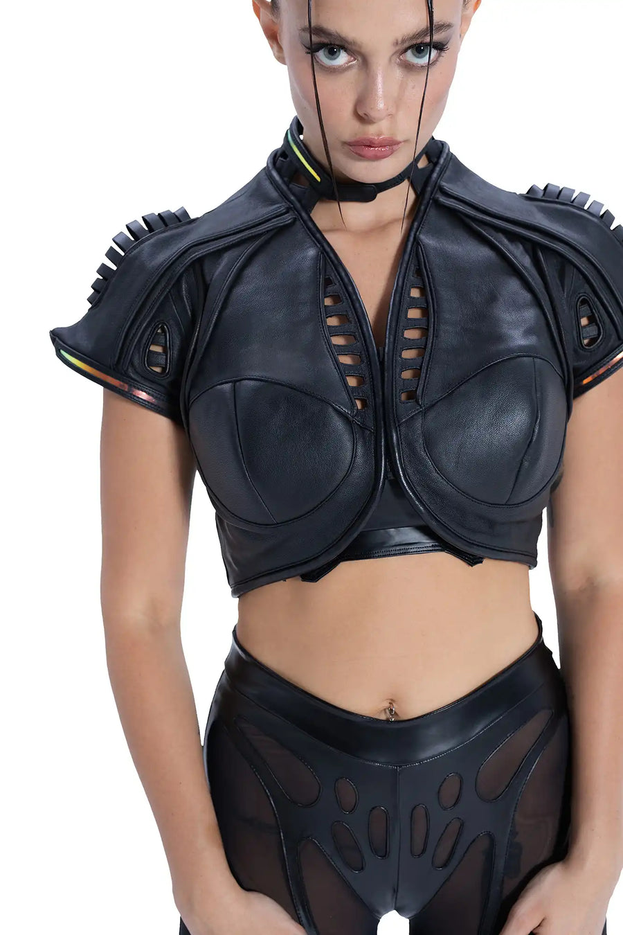 Front view of Syzmic Studio EIDOS-414 Exo-Shoulder Jacket in black leather with sculptural biomorphic avant-garde futuristic design.