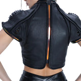 Front view of Syzmic Studio EIDOS-414 Exo-Shoulder Jacket in black leather with sculptural biomorphic avant-garde futuristic design.