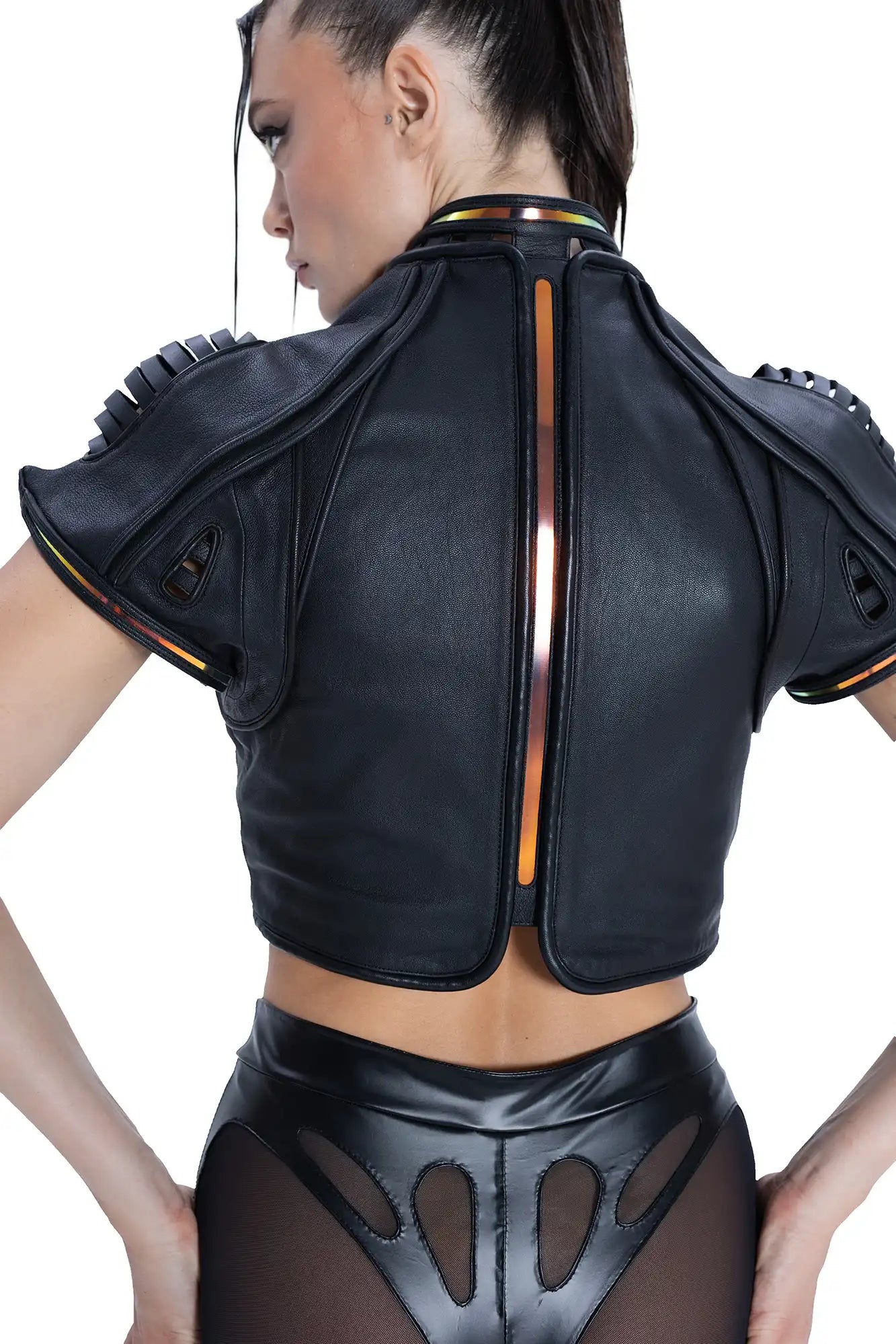 Front view of Syzmic Studio EIDOS-414 Exo-Shoulder Jacket in black leather with sculptural biomorphic avant-garde futuristic design.