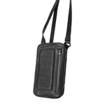 Angled front view showcasing the black leather shoulder bag with adjustable strap and ribbed design, emphasizing its sleek, compact form.