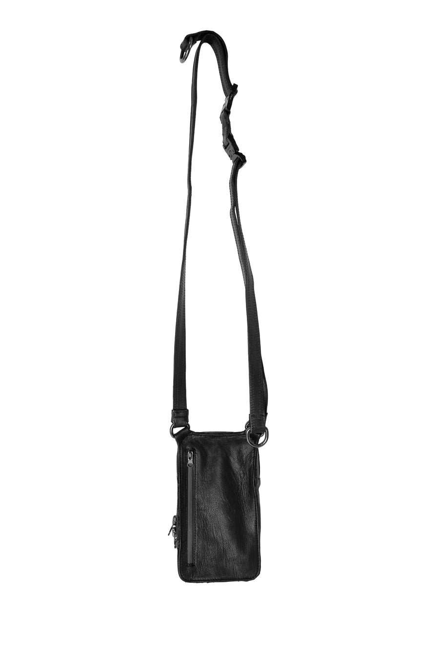 Back view of a black leather shoulder bag, displaying the clean lines and quality craftsmanship of the sheepskin and goatskin materials.