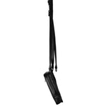 Side view of a black leather shoulder bag with a thin, adjustable strap, highlighting its slim profile and functional design.