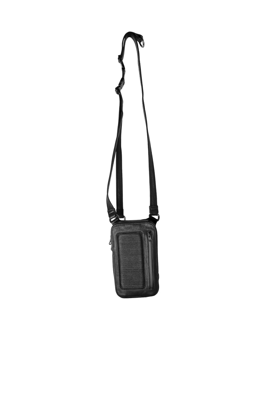 Full length view of a black leather shoulder bag hanging by its strap, demonstrating the bag’s versatility and stylish appearance.