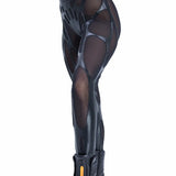 Side view of Syzmic Studio EIDOS-311 leggings in black vegan leather and mesh, biomorphic avant-garde futuristic techwear design.