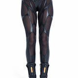 Front view of Syzmic Studio EIDOS-311 leggings with biomorphic mesh cutouts, avant-garde futuristic women’s techwear fashion.
