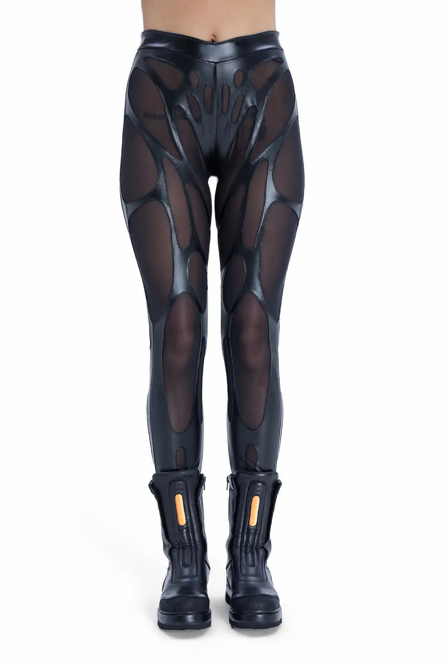 Front view of Syzmic Studio EIDOS-311 leggings with biomorphic mesh cutouts, avant-garde futuristic women’s techwear fashion.