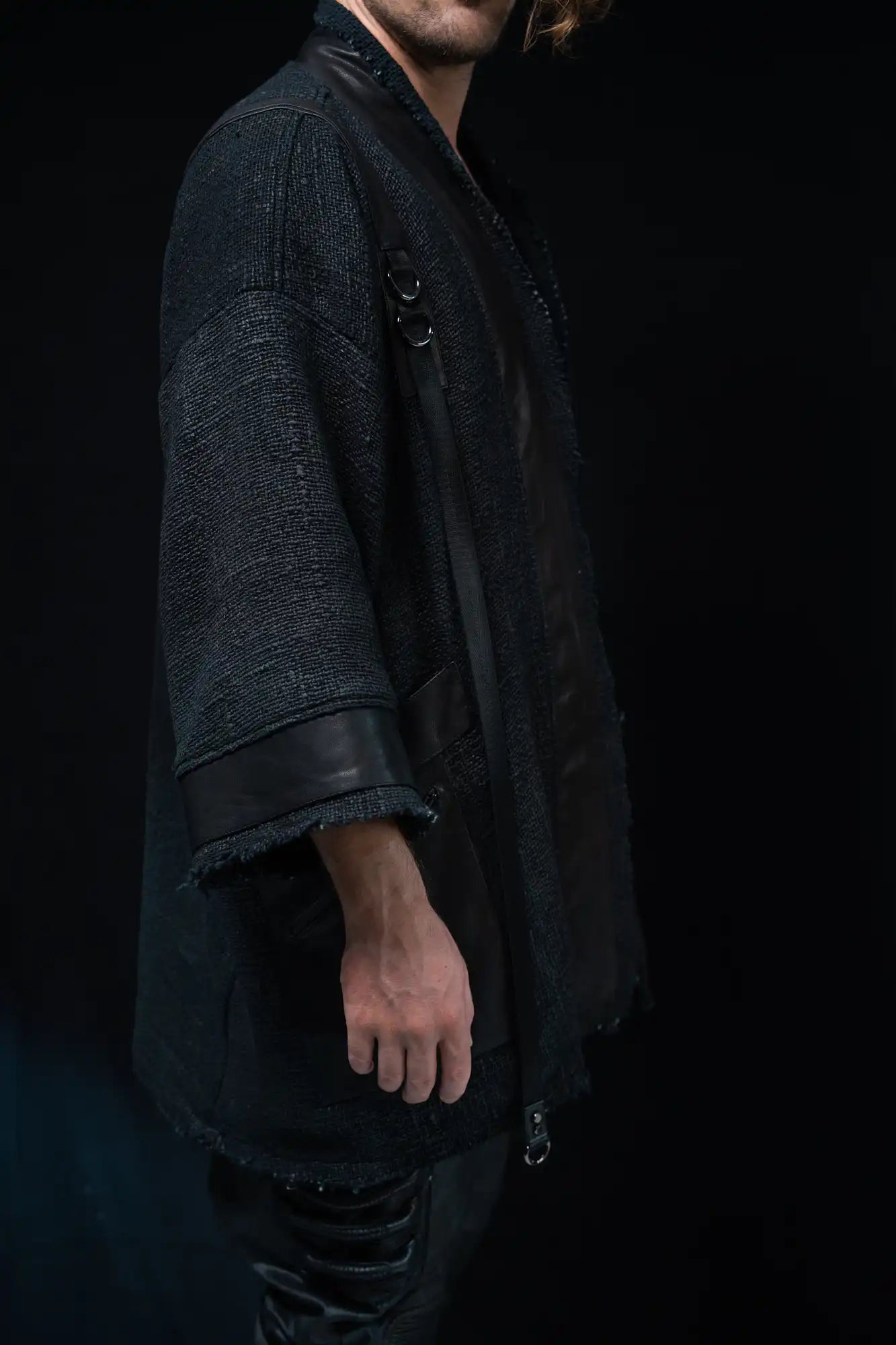 Syzmic Studio PRAXIS-431 Kimono Jacket in black waxed cotton mesh with leather details, avant-garde menswear.