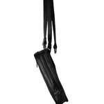 Side view of a black leather shoulder bag with a thin, adjustable strap, highlighting its slim profile and functional design.