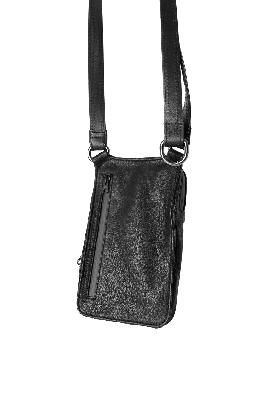 Back view of a black leather shoulder bag, displaying the clean lines and quality craftsmanship of the sheepskin and goatskin materials.