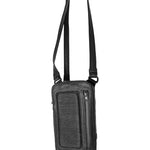 Front view of a black leather shoulder bag with a distinctive ribbed front panel and a zip pocket, designed for both style and functionality.
