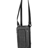 Front view of a black leather shoulder bag with a distinctive ribbed front panel and a zip pocket, designed for both style and functionality.