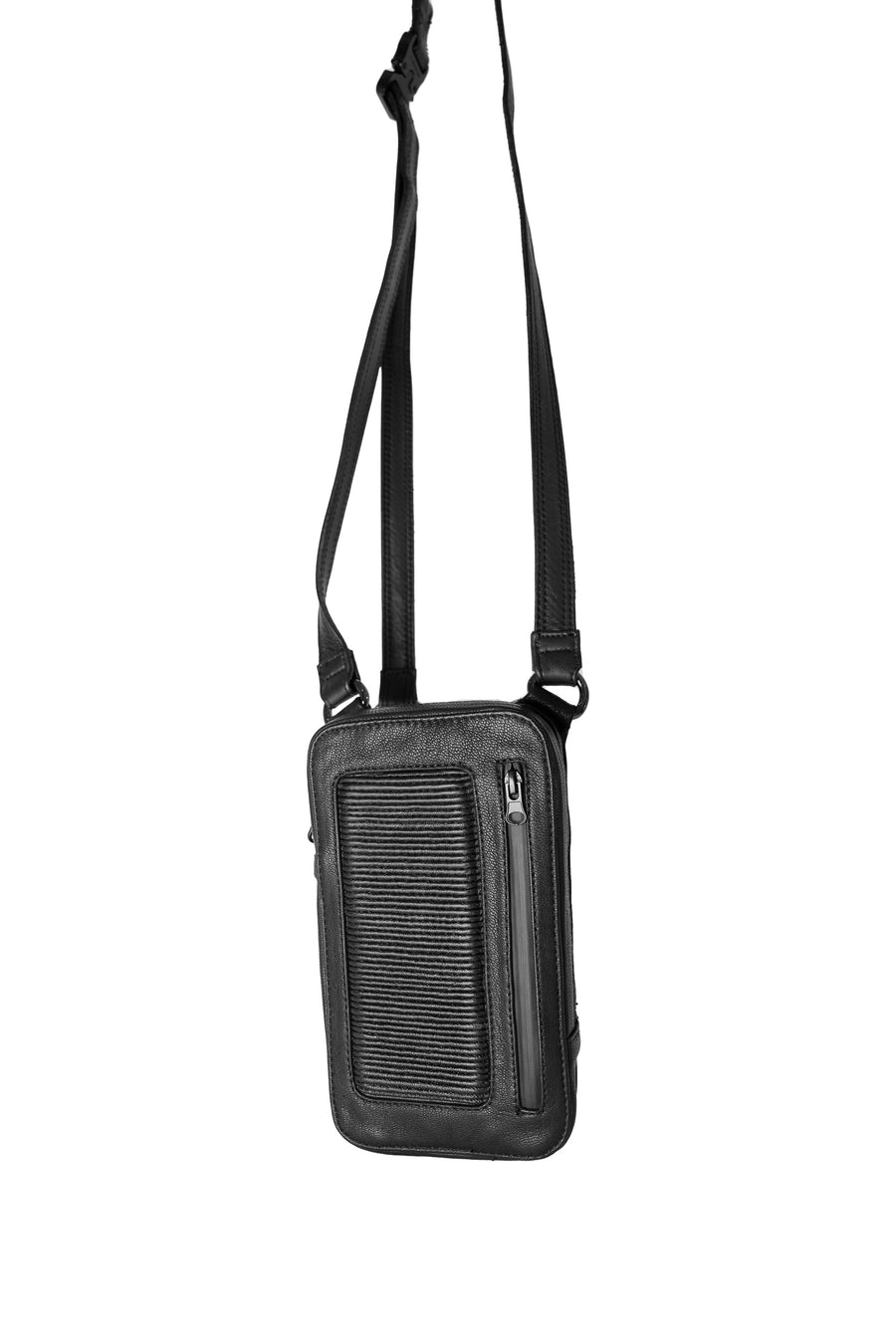 Front view of a black leather shoulder bag with a distinctive ribbed front panel and a zip pocket, designed for both style and functionality.