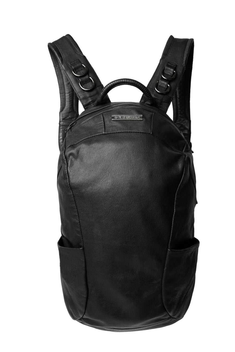 A sleek, black leather laptop backpack from Syzmic Studio, featuring a minimalist design with a smooth, curved front panel, subtle side pockets, and thick, sculptural straps with metal ring accents. A perfect fusion of style and functionality.