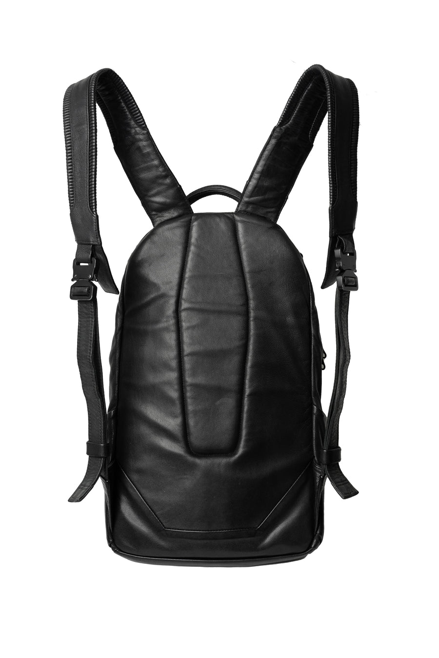 The back panel of the black leather laptop backpack, featuring a futuristic geometric design, padded ergonomic straps, and adjustable buckles for a comfortable and secure fit.