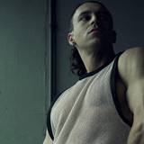 MESH TANK TOP 211 in white/ecru with black wax-coated rib trims — digitally retouched color simulation.