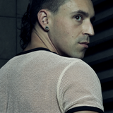 MESH T-SHIRT 213 in white/ecru with black wax-coated rib trims — digitally retouched color simulation.