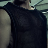 Black SYZMIC EIDOS-212 organic cotton mesh tank top, portrait with tubular piping at the neck and armholes.