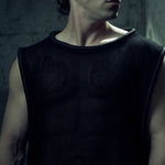 Black SYZMIC EIDOS-212 mesh tank top, front portrait looking to the side.