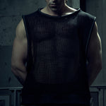 Front view of the black SYZMIC EIDOS-212 mesh tank top with rounded piping.