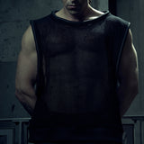 Front view of the black SYZMIC EIDOS-212 mesh tank top with rounded piping.