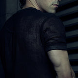 Black SYZMIC EIDOS-213 short-sleeve mesh T-shirt, rear three-quarter view.