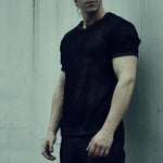 Front view of the black SYZMIC EIDOS-213 short-sleeve organic cotton mesh T-shirt.