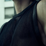 Black SYZMIC EIDOS-214 organic cotton mesh tank top photographed from below.