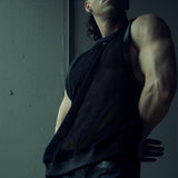 Black SYZMIC EIDOS-214 sleeveless mesh tank top, low-angle full torso view.