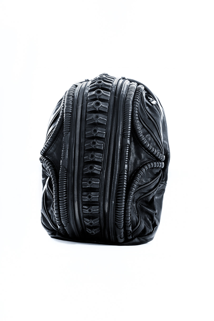 Avant-garde backpack in dark post-apocalyptic fashion and leather handcrafted detail
