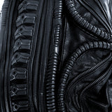 Avant-garde biomorphic backpack in dark post-apocalyptic fashion and leather handcrafted detail