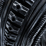 Avant-garde biomorphic backpack in dark post-apocalyptic fashion and leather handcrafted detail